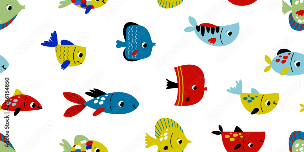 Fototapeta premium Vibrant Seamless Pattern with Yellow and Teal Sea Fish for Beach Accessories Design and Children Pool Party Decorative Backgrounds