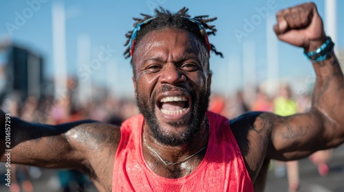 A passionate runner celebrates crossing the finish line with exuberant energy, showcasing determination and triumph amid a vibrant crowd of fellow athletes and supporters.