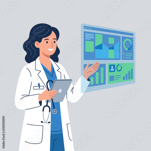 A doctor holding a tablet, presenting important healthcare data through an interactive dashboard, emphasizing technology's role in modern medicine and patient care.