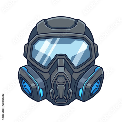 This graphic portrays a stylish gas mask featuring a modern, sleek design, symbolizing safety and protection in hazardous environments, reflecting contemporary industrial aesthetics.