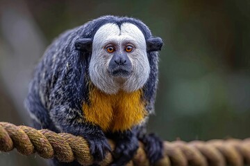 A White-faced Saki Monkey Grooming Its Fur While Perched on a Thick Rope in its Natural Habitat