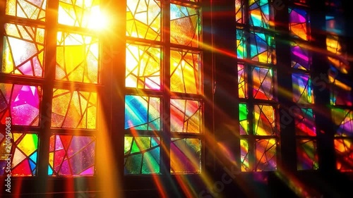 Sunlight streams through a vibrant stained glass window, casting colorful patterns.