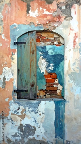 Old weathered window with peeling paint and exposed brickwork