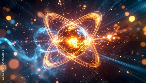 Abstract Atomic Nucleus Illustration with Glowing Energy Rings and Particles.