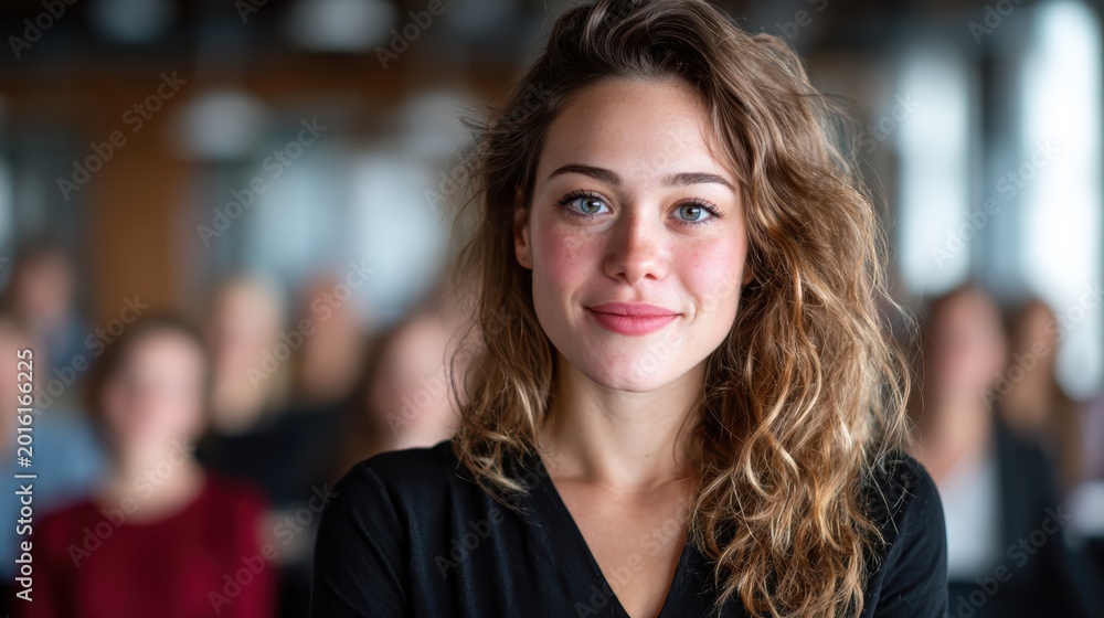 Fototapeta premium A confident young woman smiles while seated at a conference, with a blurred audience behind her, capturing the essence of professional networking and engagement.