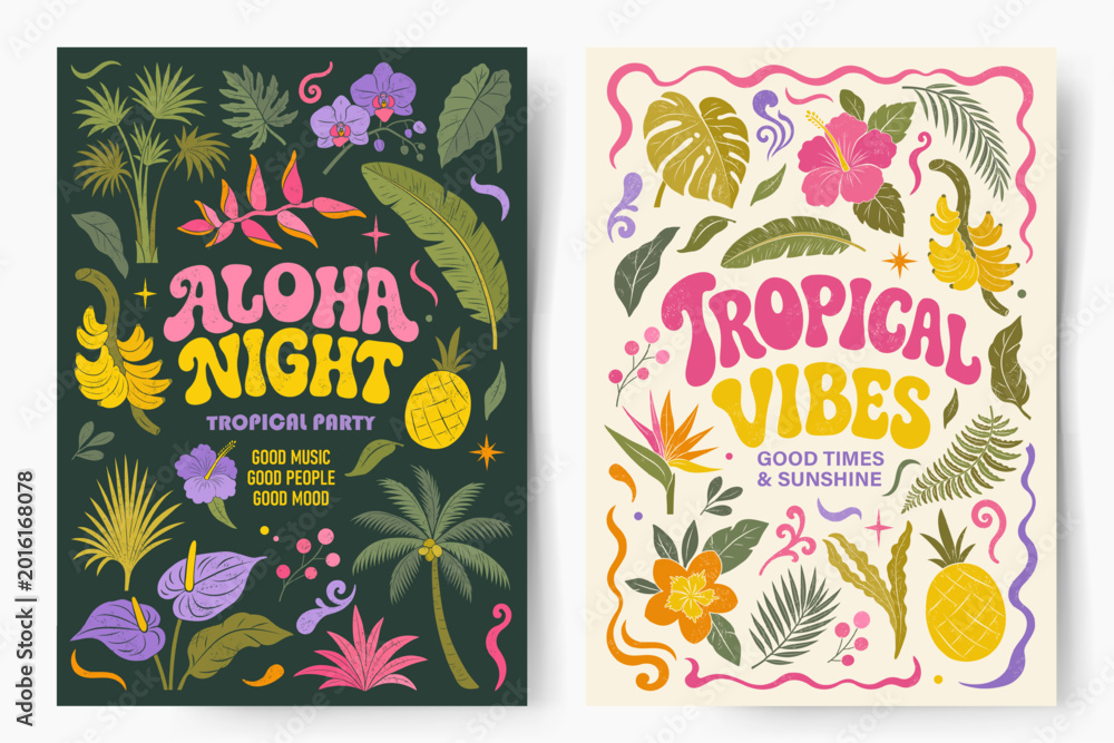 Fototapeta premium Tropical party invitation templates in retro flat style. Exotic summer frames with text. Pineapple, banana, palms, flowers and leaves