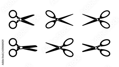 Foto Set of six black scissors icons in different angles and orientations Vector