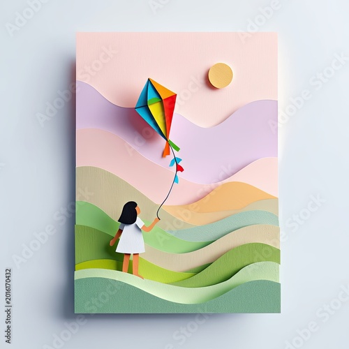 Abstract paper cut landscape with child flying colorful kite