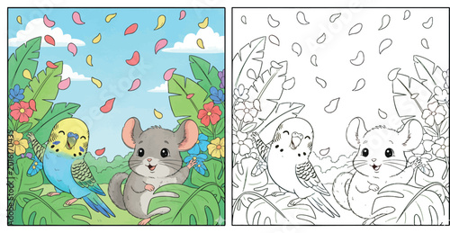 Bild auf Leinwand Cute Cartoon Budgie and Chinchilla in a Tropical Garden with Falling Petals and