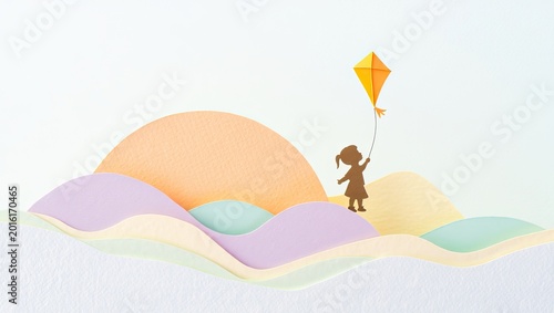 Minimal silhouette child flying kite in pastel sunset landscape