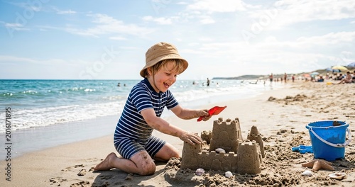 Little boy building sandcastle on sunny beach during summer vacation