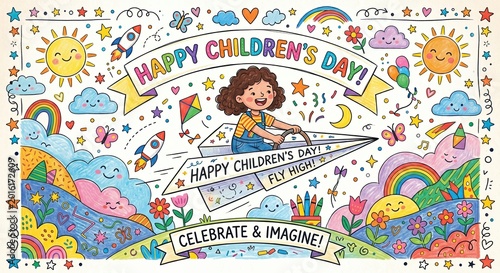 Colorful happy children's day doodle banner with playful hand drawn elements
