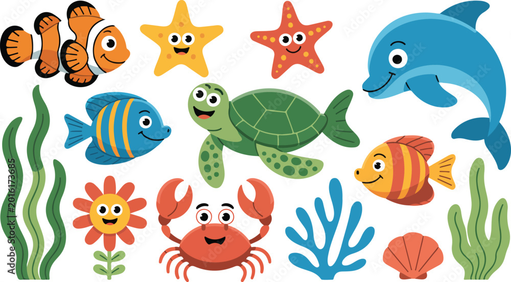 Naklejka premium Cute cartoon underwater sea creatures collection featuring dolphin turtle crab starfish and tropical fish for children education and nursery decor