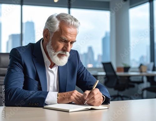 Older man writes in notebook