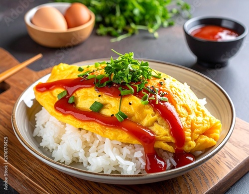 Omelet over rice with ketchup