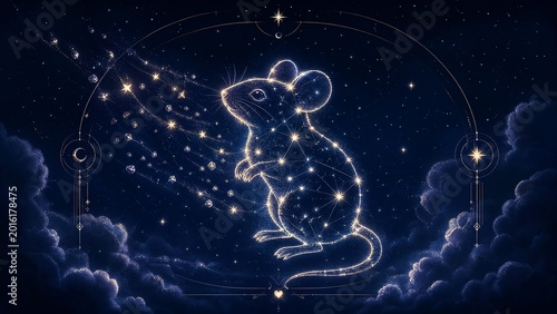 Mouse-shaped constellation reforming from scattered stars, illustrating memory reconstruction.