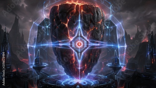 A massive volcanic plug glowing with contained energy, restrained by geometric force fields.