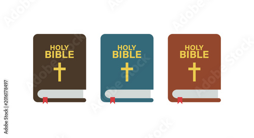 Holy Bible Icon Set with Cross and Bookmark Illustration