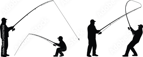 Tableau sur toile Silhouette fishermen casting fishing rods during recreational angling activity i