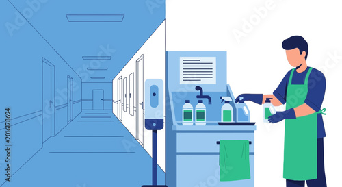 Janitor Cleaning Hospital Corridor with Sanitizer and Disinfectant Supplies