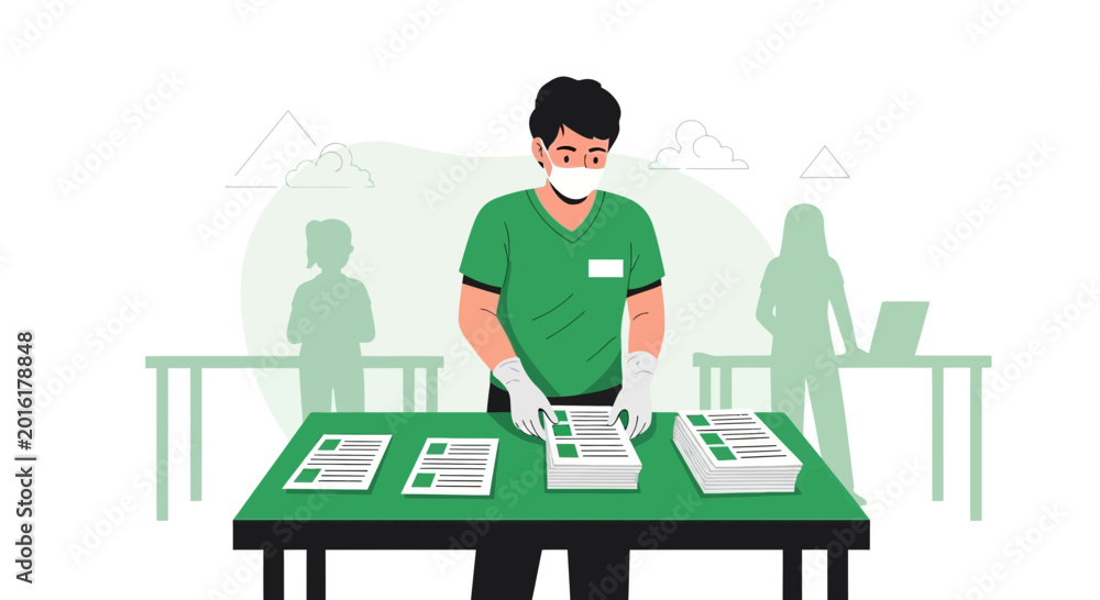 Fototapeta premium Man in mask and gloves sorting documents at table, office work, safety measures