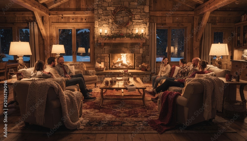 Naklejka premium Cozy family gathered around a roaring fireplace in a rustic lodge common room with plush couches and warm lighting capturing the inviting atmosphere of a winter retreat.