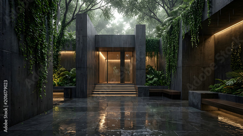 Luxury Modern Courtyard Entrance with Rainy Tropical Minimalist Architecture