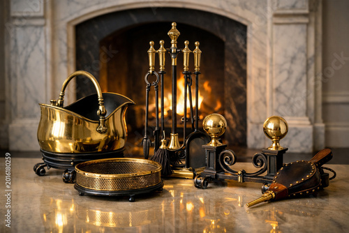 Luxurious Brass Fireplace Accessory Set with Burning Fire in Background