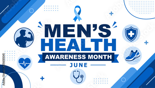 Tableau sur toile Men's Health Awareness Month banner with medical icons including stethoscope, heart, and muscle silhouette