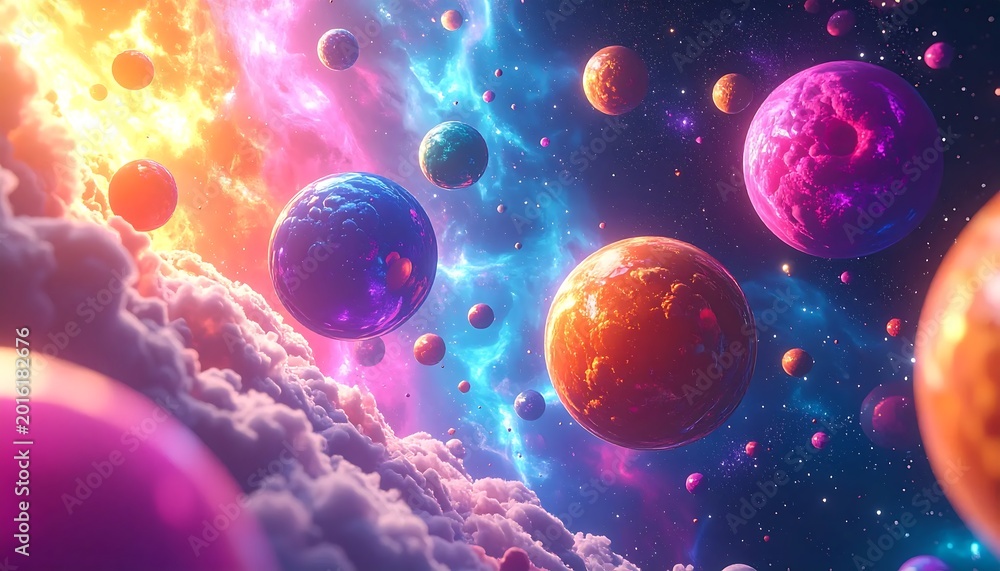 Naklejka premium Planets In Vibrant Cosmic Nebula Digital Illustration Glowing Stars And Swirling Pink Blue Space Clouds Within A Fantasy Galaxy Setting