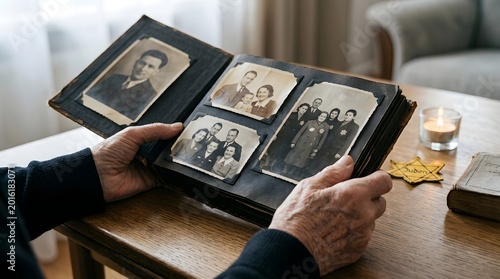 Elderly hands holding a photo album with vintage Jewish family pictures for Holocaust Remembrance Day concept, memorializing history and victims of the Shoah