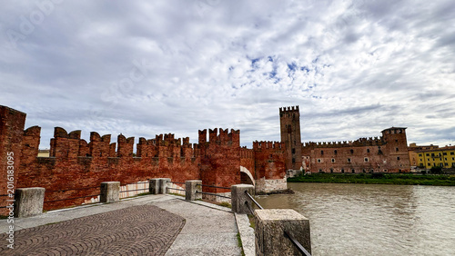 The Castelvecchio Bridge over the Adygea River in Verona, a famous landmark in the tourist destination of Italy's Veneto region.