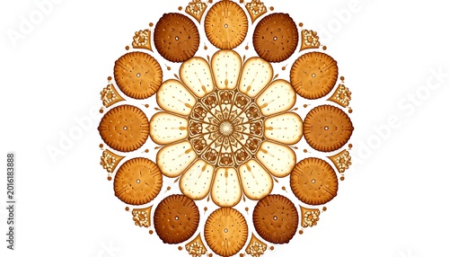 Round Mandala Pattern Of Various Sweet Cookies And Savory Crackers Isolated On White Background Graphic Design