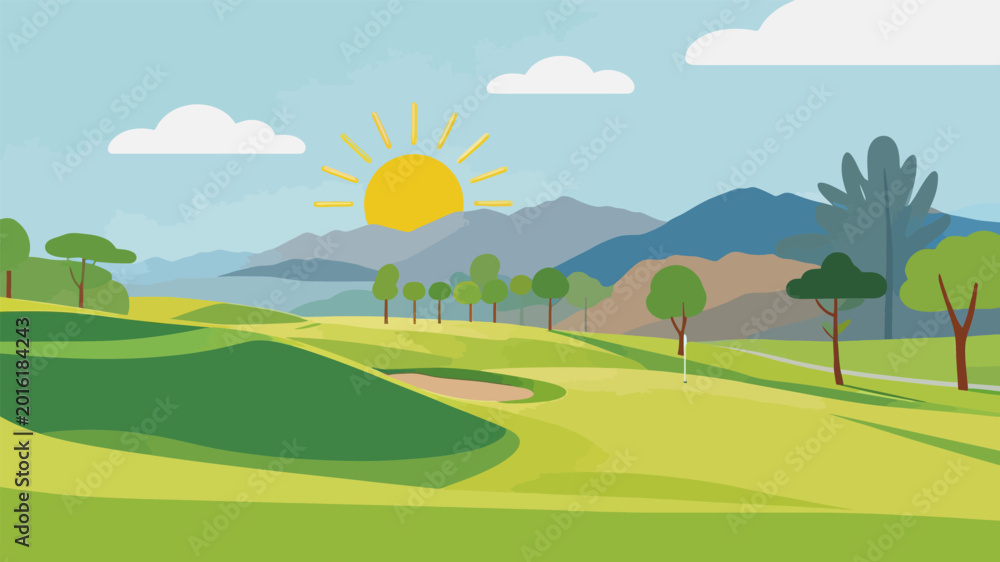 Fototapeta premium Sunny Golf Course Landscape with Distant Mountains and Trees