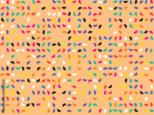 Playful abstract pattern of colorful crescent shapes on a warm peach background
