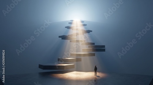 Success and career growth concept, person standing before floating stairs leading to bright light. Achievement, mental health journey and spiritual enlightenment 3D render.