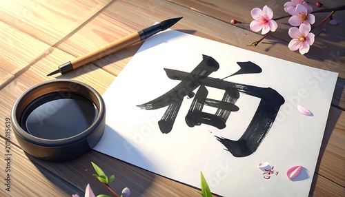Traditional Japanese Calligraphy Character With Ink Brush And Cherry Blossoms On Wooden Surface Realistic Still Life Render High Angle
