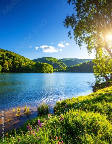 Vibrant Summer Lake Landscape With Lush Green Forest Hills Wildflowers And Bright Sunlight Filtering Through Tree Leaves