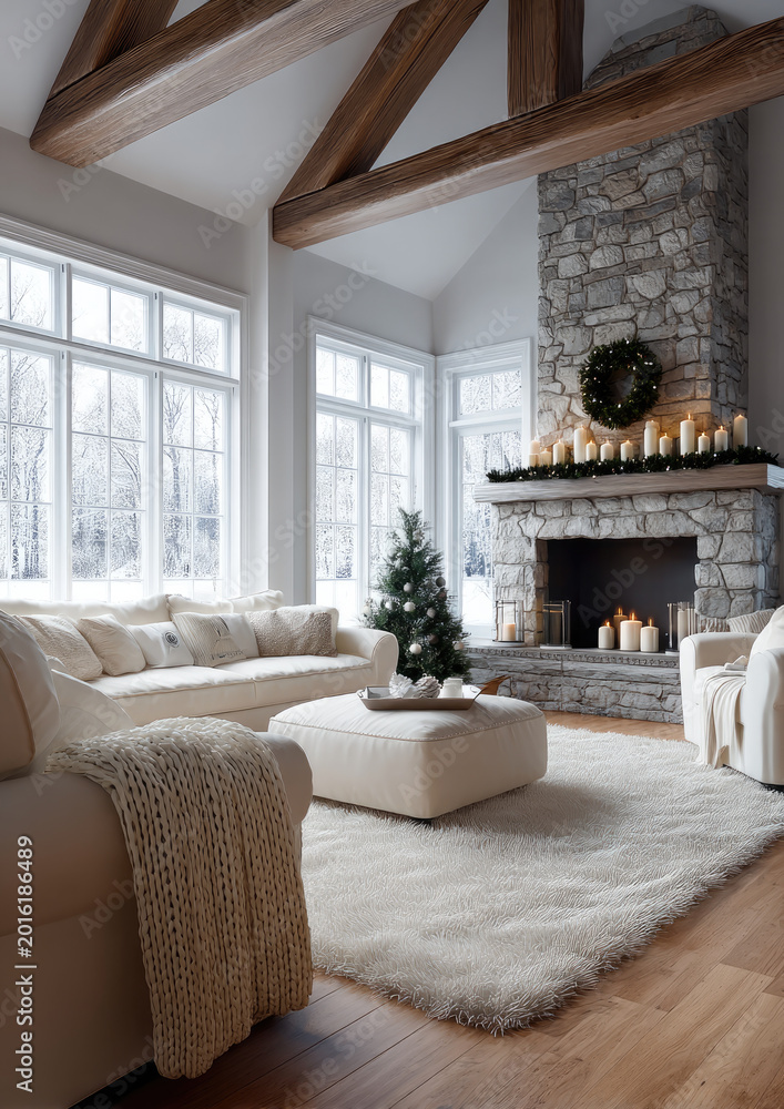Fototapeta premium Cozy living room with large windows, stone fireplace, wooden beams, white sofa, fluffy rug, candles, and winter decor create warm inviting