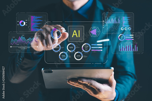 AI Business Analytics Dashboard Interface with Data Visualization, Machine Learning Insights and Digital Transformation Technology
