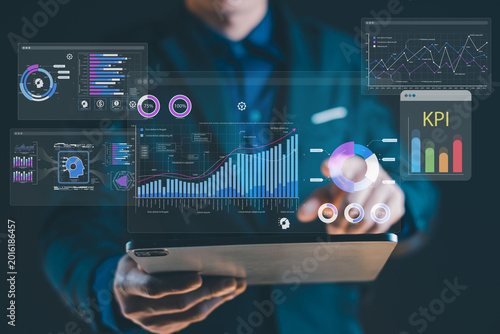Futuristic AI KPI Dashboard for Business Intelligence, Big Data Analytics and Digital Performance Monitoring