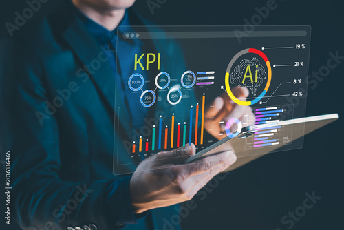 AI KPI Analytics Dashboard on Tablet for Business Intelligence, Big Data Visualization and Smart Digital Transformation