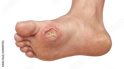 Clinical Close Up of Diabetic Foot Ulcer Showing Skin Tissue Damage Medical Healthcare Illustration