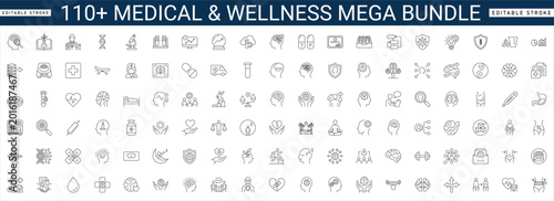 Fotografie Medical, mental health, and wellness line icon set featuring healthcare, science, doctor, therapy, fitness, hospital, brain