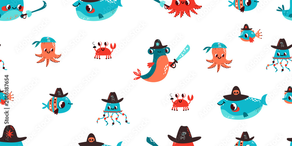 Obraz premium Little Ocean Pirates Collection with Cute Fish and Crab Characters for Nautical Themed Baby Shower Decorations and Nursery Wall Art Prints