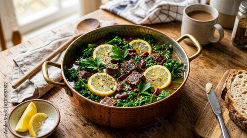 Delicious Lemon Stew with Meat, Kale, and Beans Served on a Wooden Table