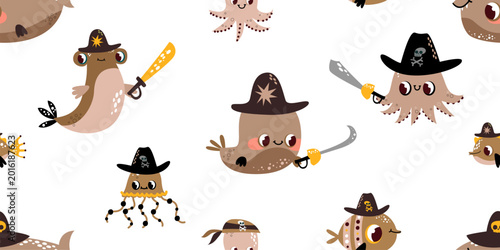 Foto Nautical Pirate Characters Illustration in Earth Tones with Sabers and Skulls fo