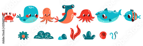 Photography Undersea Marine Life Collection Hand Drawn Ocean Animals Set with Whale Octopus