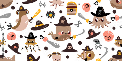 Bild auf Leinwand Treasure Map Theme Seamless Pattern with Chest Skulls and Sea Pirates for Myster