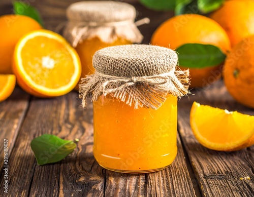 Rustic Glass Jar Of Vibrant Orange Marmalade Topped With Burlap Fabric On A Dark Wooden Table Surrounded Fresh Whole Oranges And Slices